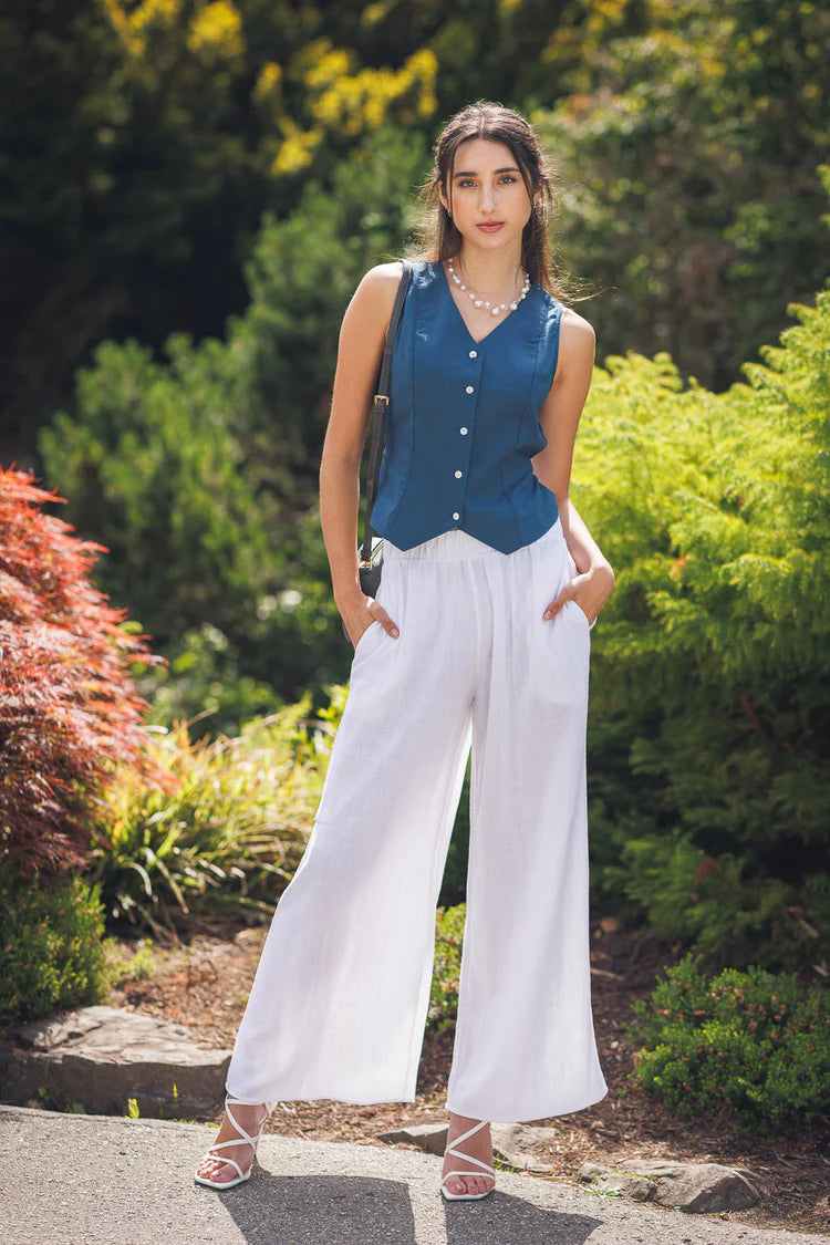 White Linen Wide Leg Pants